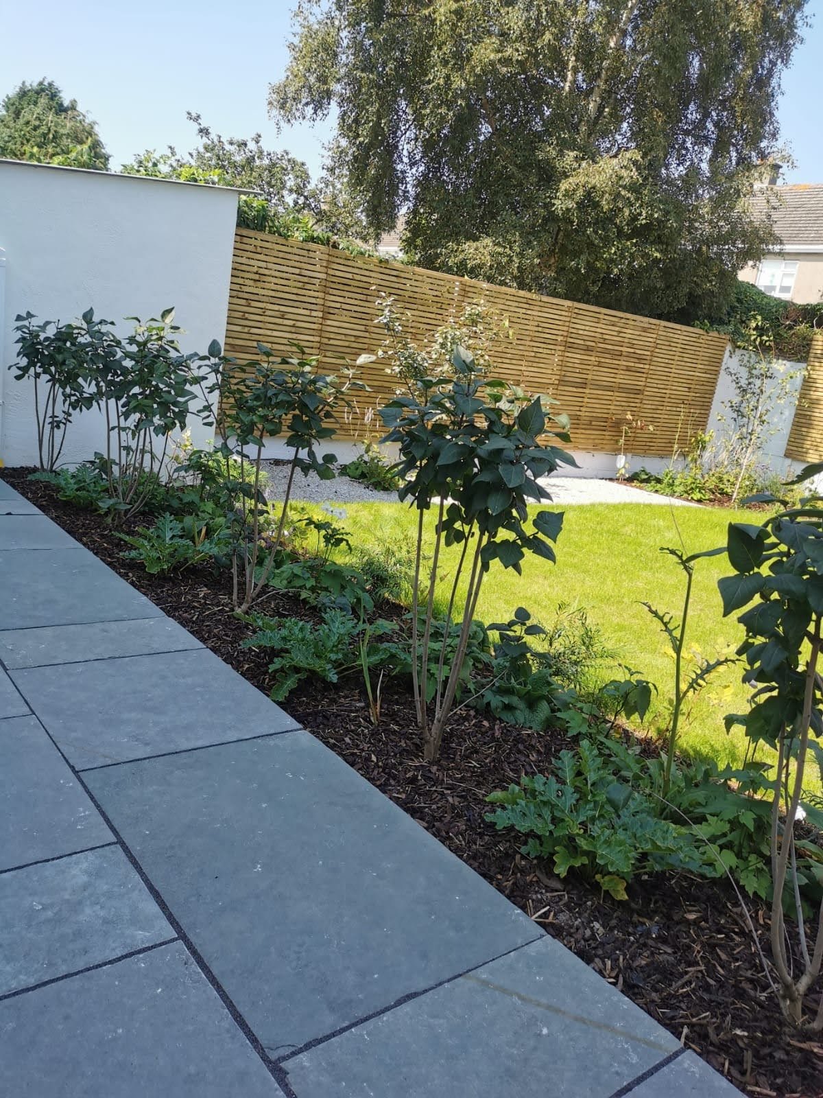 Stone paving alongside colourful garden planting